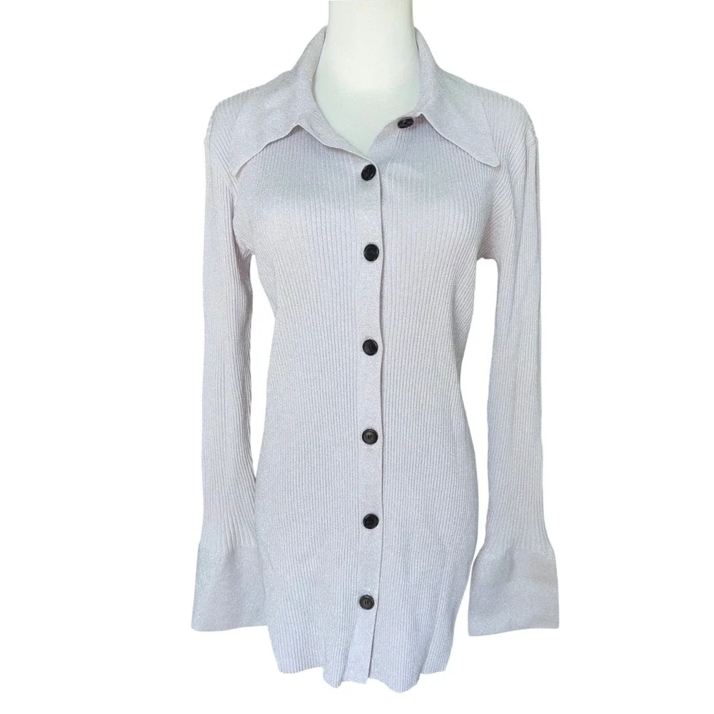 A.L.C Eleanor Ribbed Cardigan Sz L Pale‎ Violet & Silver Shimmer Chic